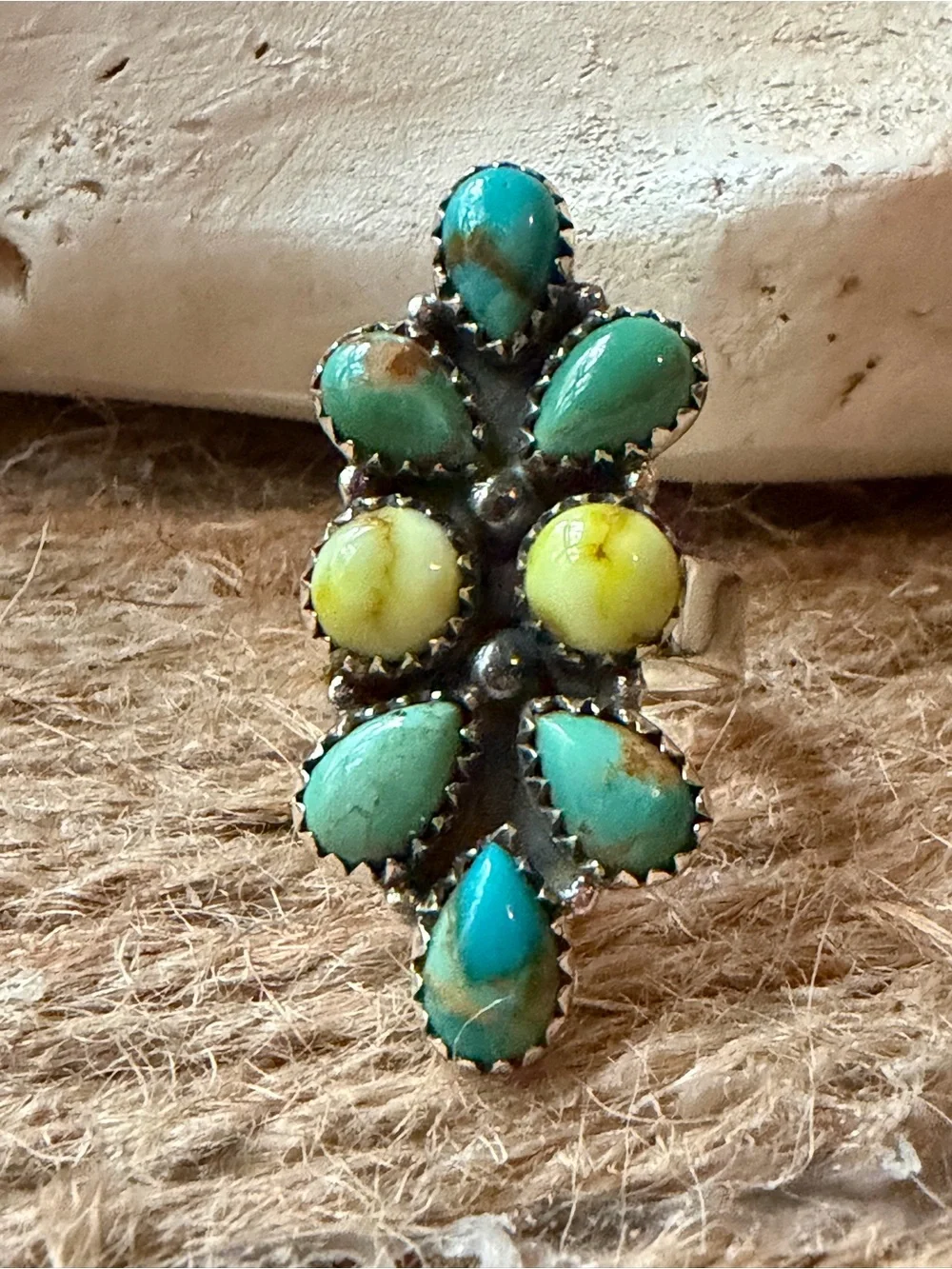Turquoise and Palomino  Stone Flower Sterling Silver Ring - Stamped 925